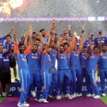 "Indian cricketers rejoice at their Asia Cup victory during the award ceremony .